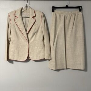 Devon Hall Blazer Skirt Suit Set Oatmeal/Beige Red Piping VTG 1970s IGLWU‎